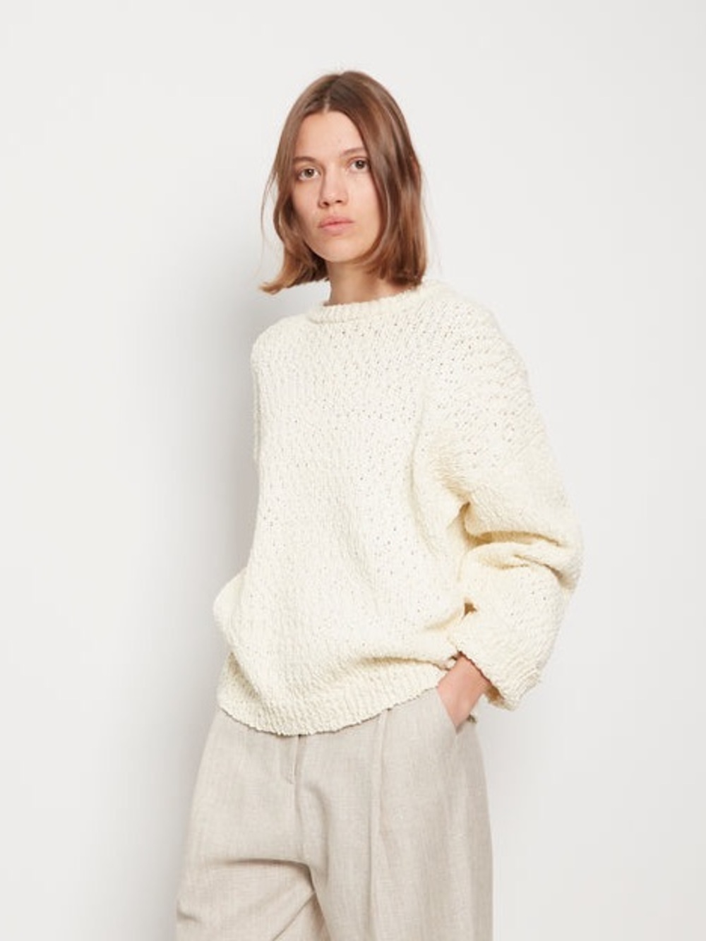 Toteme Cream Boucle Knit Cotton Crewneck Sweater - Picture 3 of 11
